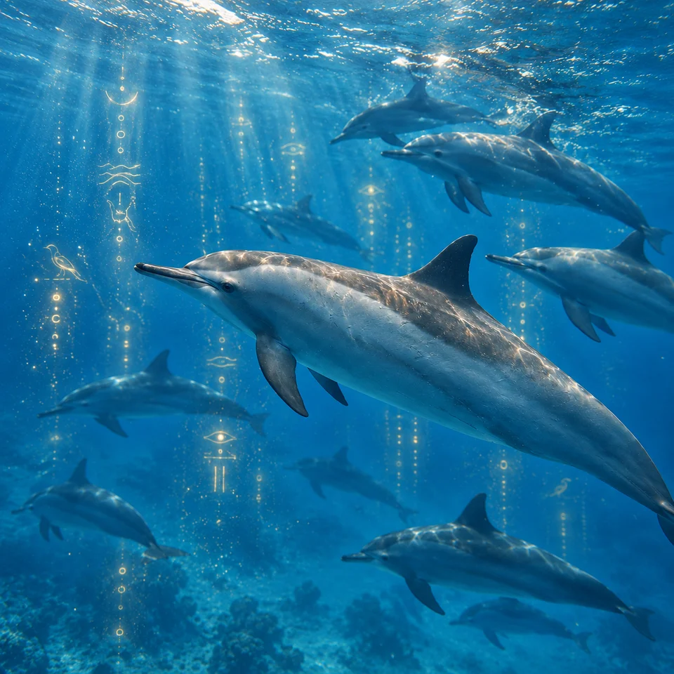 Conceptual artwork of dolphins with golden symbols